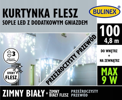 BULINEX KURTYNA SOPLE LED 100L ZIMNE D/G 6W FLESZ ZIMNY PRZEŹROCZYSTY KABEL