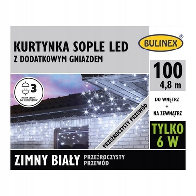 BULINEX KURTYNA SOPLE LED 100L D/G ZIMNY BIAŁY kabel przeźroczysty