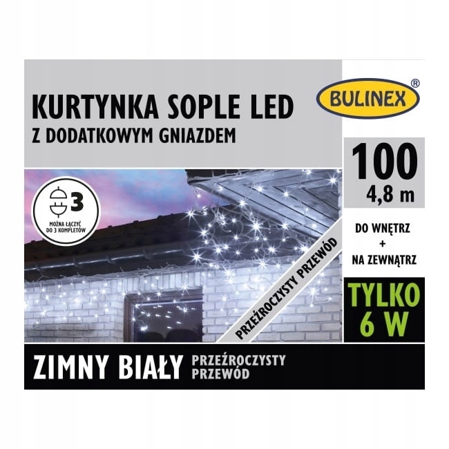 BULINEX KURTYNA SOPLE LED 100L D/G ZIMNY BIAŁY kabel przeźroczysty
